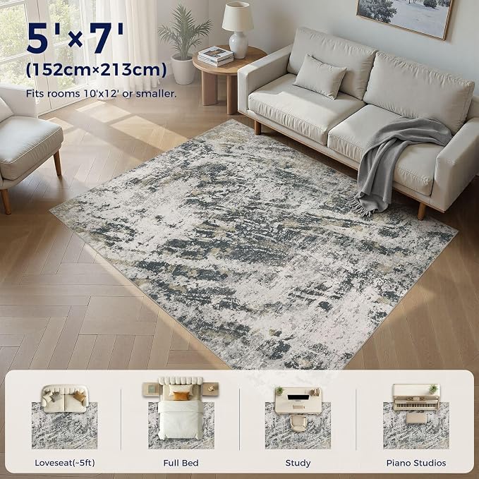 DMOYEST Area Rug Living Room Rugs - 5x7 Large Soft Indoor Neutral Modern Abstract Low Pile Washable Rug Carpet for Bedroom Dining Room Farmhouse Home Office-Black Gold/Grey