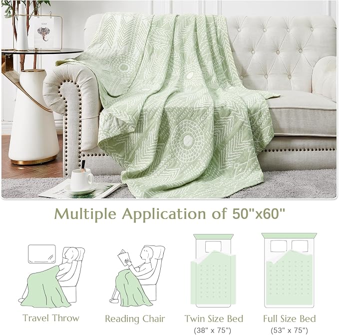 jinchan Boho 100% Cotton Muslin 50x60 Throw Blanket Lightweight 3-Layer Green Blanket Washable Reversible Breathable Decorative Geometric Striped Patterned Soft Cozy for Sofa Bed All Season Gift