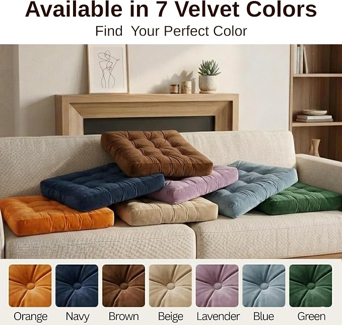 Floor Pillows for Adults Set of 2, Soft Velvet Floor Cushions for Sitting, Square Tufted Floor Pillow Set for Reading Nook, Living Room, Bedroom, 22 x 22 Inch, Green