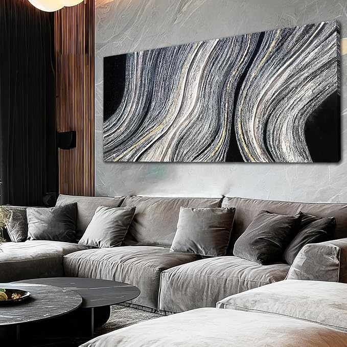 ZUNARE Contemporary Abstract Canvas Wall Art Black and white and gold Linear Painting, Minimal Modern Artwork for Living Room Bedroom Office Kitchen Wall Decoration 29"x58"