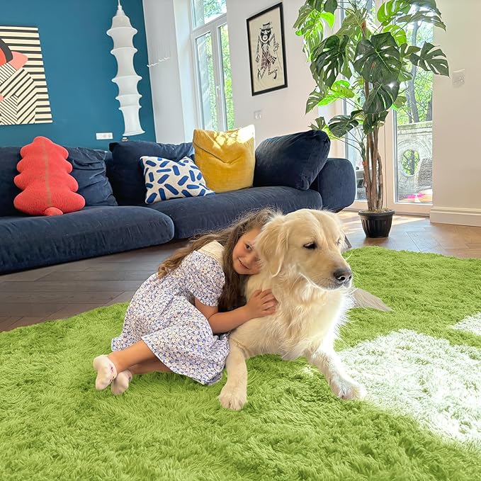 OLANLY 5x7 Machine Washable Large Area Rugs for Living Room, Bedroom, Soft Fluffy Shaggy Bedside Rug, Indoor Floor Carpet for Kids Girls and Boys, Dorms, Nursery, Home Decor Aesthetic, Grass Green