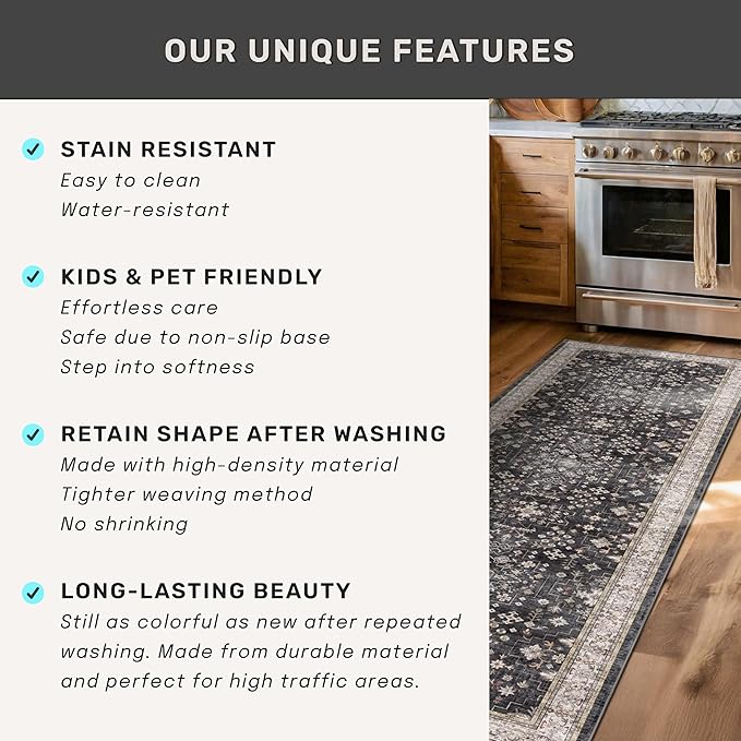 Black Washable 2x3 Entry Rug, Small Rugs for Entryway Kitchen Bathroom Door Mat Indoor Entrance, Non Slip Rubber Backing, Stain & Fade Resistant, Ashen Charcoal Floral Farmhouse Decor