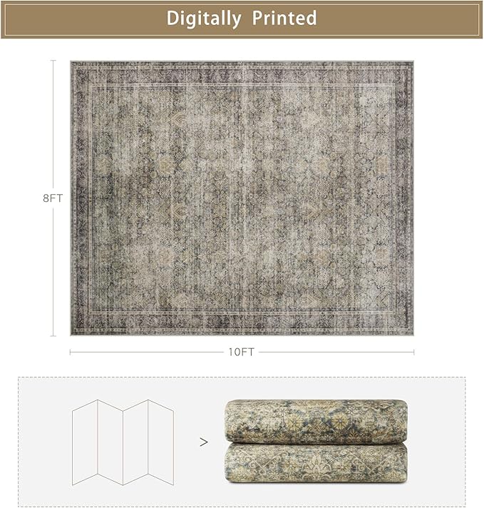 Srugn Washable Rugs 8x10 Area Rugs for Living Room,Bedroom and Dining Room-Large Ultra Soft Faux Wool Retro Carpets,Non Slip&Non-Shedding Low Pile Vintage Print Home Office Rug-Brass Green-Brown-Olive