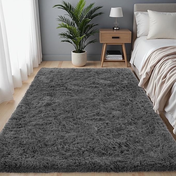 4x6 Area Rug for Living Room, Ultra Soft Fluffy Shag Rugs for Bedroom, Non-Slip Large Fuzzy Plush Rug Indoor Floor Carpet for Nursery Kids Office Dorm Modern Decor, Dark Gray