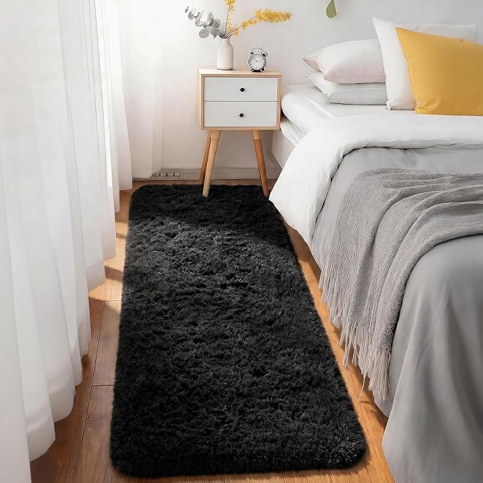 Ophanie Runner Rug for Hallway, 3x8 Washable Non-Slip Fluffy Soft Bedside Rugs, Bedroom Living Room Shaggy Carpet for Kids Girls Boys Dorm Nursery Decor Aesthetic, Black with Over 99 pcs Pile fibers