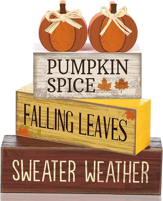 Lineshading 4 Pcs Thanksgiving Pumpkin Decor Fall Table Decoration Fall Tiered Tray Decor Thanksgiving Centerpiece Rustic Decorative Pumpkin Block Sign Gift Farmhouse Autumn Table Sign for Home