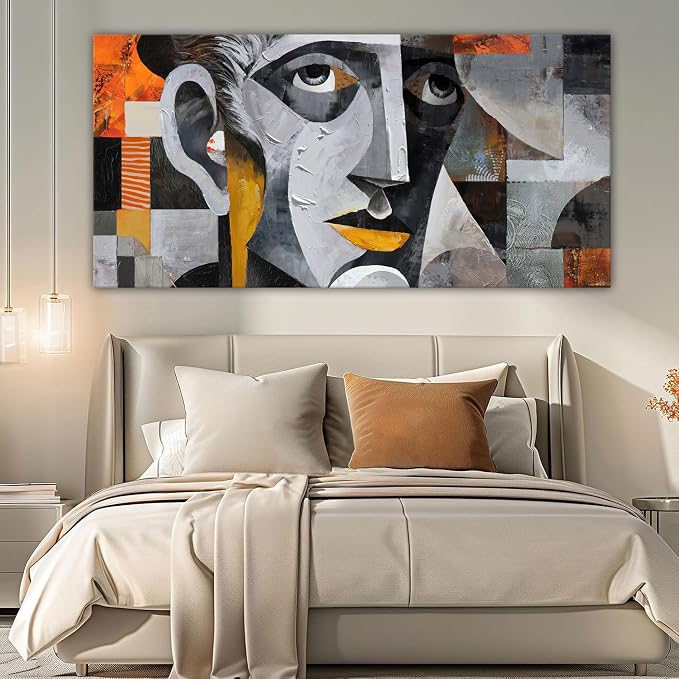 YDYSUNE Extra Large Abstract Wall Art, Geometric Male Portrait Cubism Painting, Grey Face Art Canvas Decor for Living Room & Office, Framed Ready to Hang 29×58 Inch