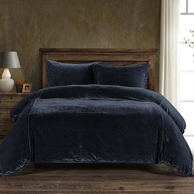 HiEnd Accents Stella Faux Silk Velvet 3 Piece Duvet Cover Set with 2 Pillow Shams, Queen, Midnight Blue, Western Modern Traditional Style Bedding, 1 Comforter Cover and 2 Pillow Cases