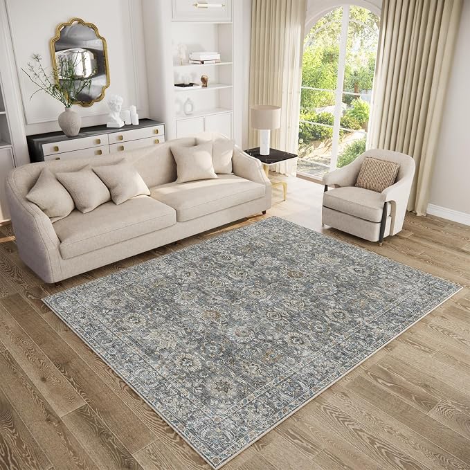 Washable Rugs for Living Room: 5x7 Area Rugs for Bedroom Ultra Soft Non-Slip Stain Resistant Vintage Boho Large Carpet for High-Traffic Dining Room - Farmhouse Decor
