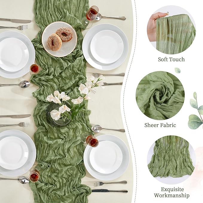 6 Pack Sage Green Cheesecloth Table Runner 10FT Long Easter Spring Boho Gauze Table Runner Rustic Sheer Runner for Spring Wedding Bridal Baby Shower Birthday Party Table Decor Easter Decorations