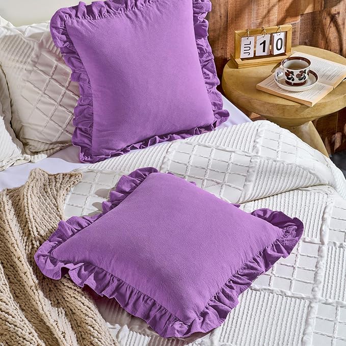 AmHoo Pack of 2 Throw Pillow Covers 100% Cotton Pre Washed Ruffle Decorative Pillowcase Cushion for Couch Sofa Bedroom 18 x 18-Inch Iris Orchid