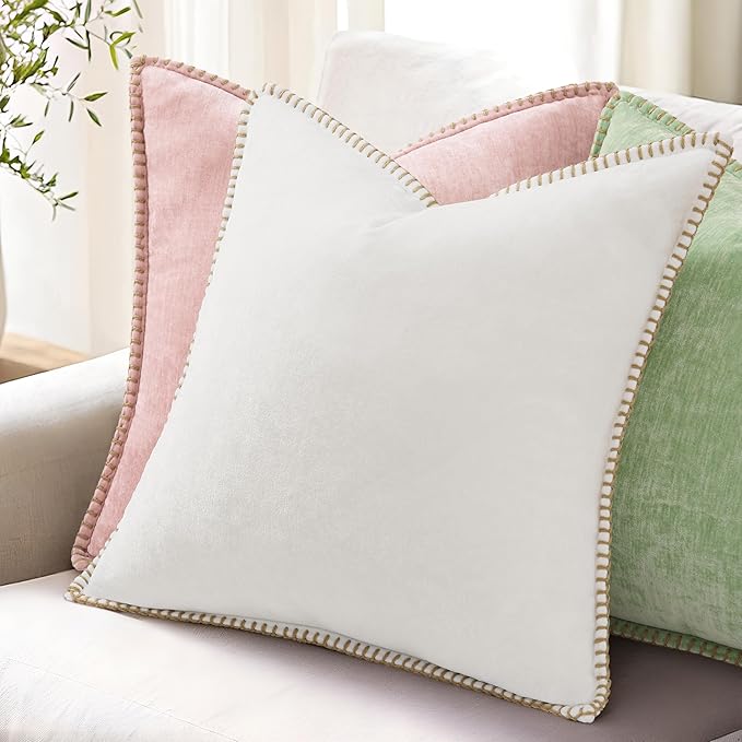 decorUhome Summer Chenille Soft Cozy Throw Pillow Covers 18x18 Set of 2, Modern Farmhouse Boho Velvet Decorative Pillow Cases with Stitched Edge for Couch Sofa Bed Home Decor, Sage Green