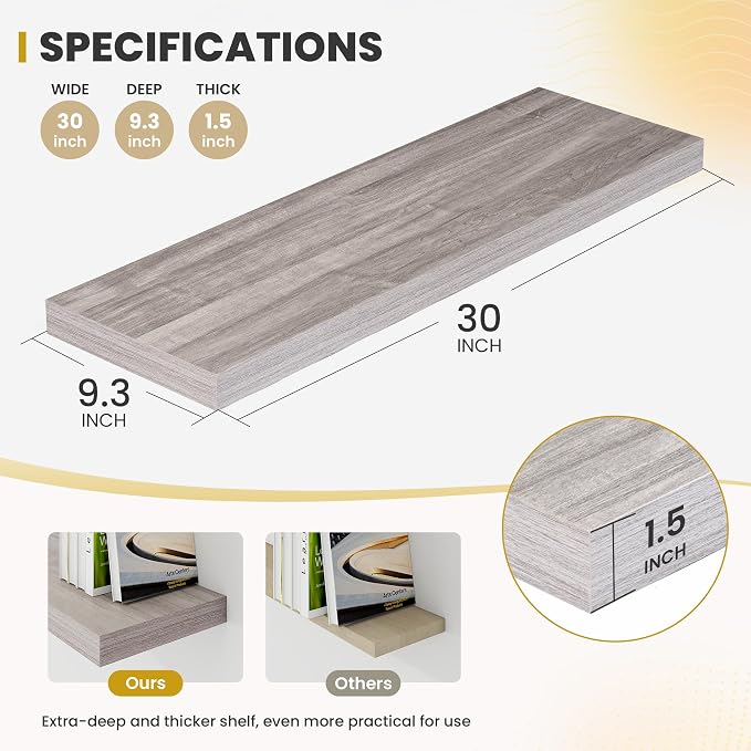 Acovy 30 Inch Floating Shelves, 9.3" Deep Floating Shelf Wall Mounted, 30" Wall Shelves, Rustic Deep Bookshelf, Large Display Shelves & Storage Shelves for Bedroom, Living Room, Gray, Set of 2