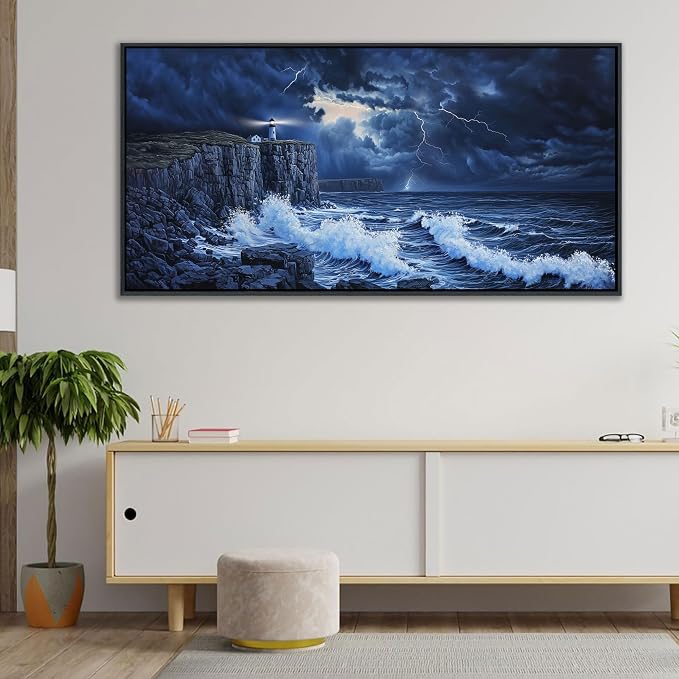 YDYSUNE Large Wall Decor- Ocean Canvas Painting Navy Blue Picture Framed Lighthouse Coastal Wall Art,Huge Waves Seascape Artwork for Living Room,Bedroom,Office Decoration