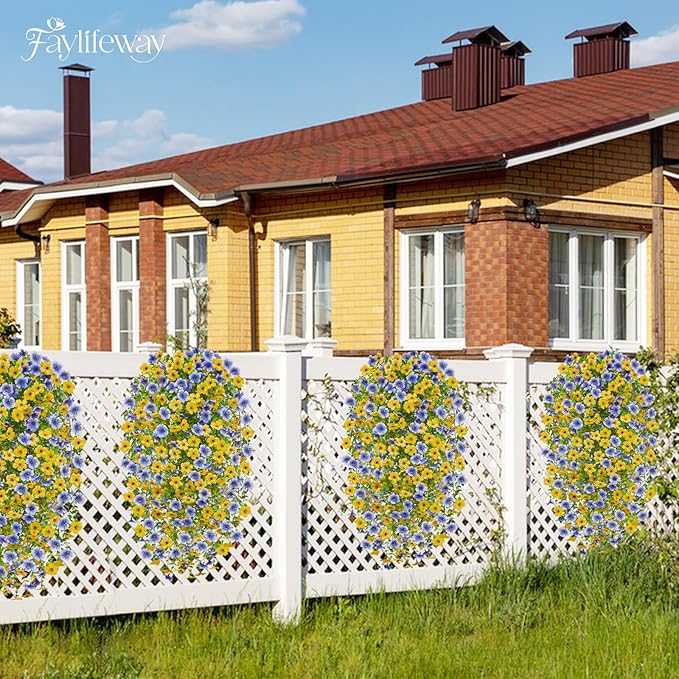 Artificial Hanging Flowers for Outdoors Spring Summer Decoration, 4PCS UV Resistant Silk Fake Hanging Plants for Patio Porch Front Yard Window Garden Indoor Decor(Blue&Yellow,4PCS)