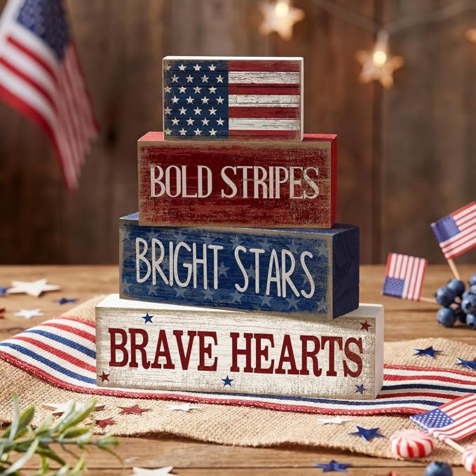 4 Pcs Memorial Day Decorations Wooden American Flag Patriotic 4th of July Tabletop Decoration Red White Blue Table Centerpieces Sign for Office Tiered Tray Home Shelf 250th Anniversary