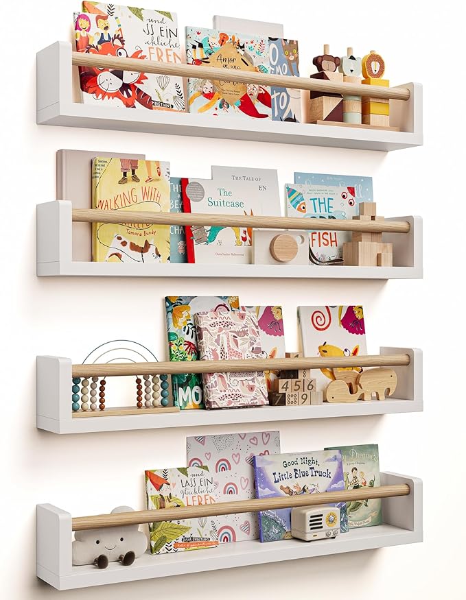 Seocry Nursery Book Shelves, 4 Pack, Wall Book Shelves for Kids Room, Baby, Toddler, Nursery Decor (White Wood, 23.1 Inches)