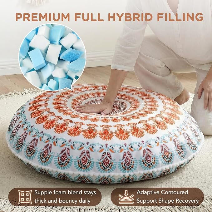 Codi Meditation Floor Pillow, Round Large Pillows Seating for Adults, Bohemian Mandala Circle Cushion for Outdoor Fireplace Yoga Living Room, 32 Inch, Memory Foam Added, Coral