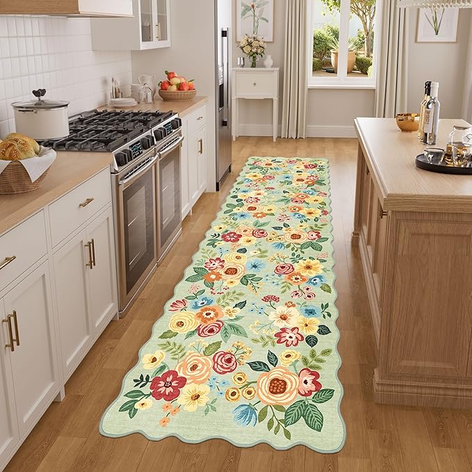 DUKINO Washable Runner Rug, 2x7 Lightweight Soft Floral Hallway Rug Runner with Low Pile Design, Non Shedding & Non Slip Backing Thin Indoor Carpet for Bedroom, Bathroom, Entrance, Kitchen, Green