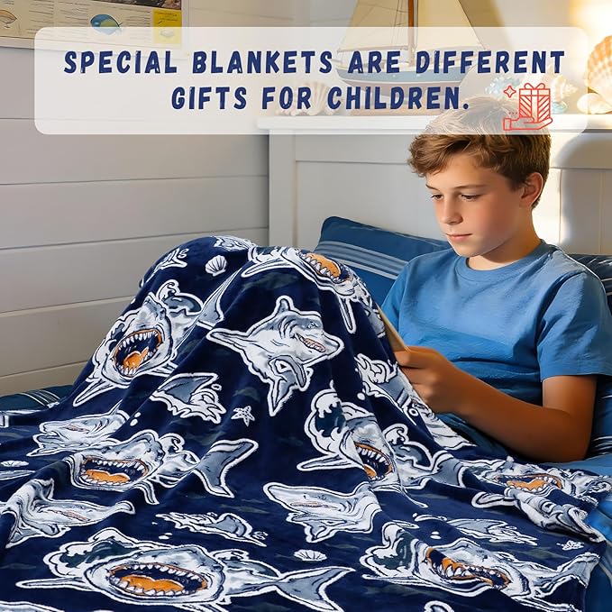 GEULAY Shark Blanket Glow in the Dark, Shark Toys for Kids Age 2-12, Toddler Blanket for Boys, Sharks Gifts for Birthday, Ocean Sea Animal Fleece Throws for Kids Room Decor, 40"x60"
