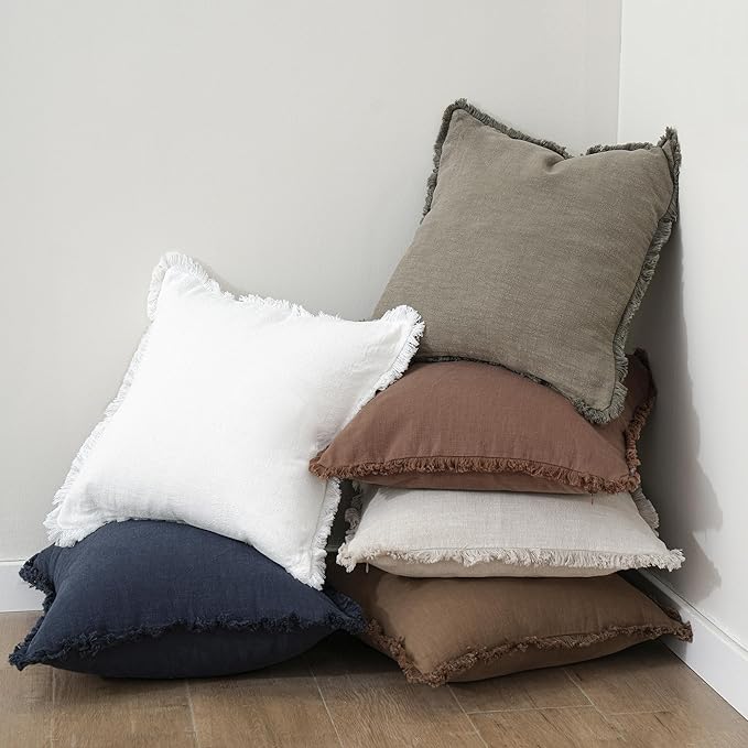 Foindtower Set of 2 Decorative Linen Fringe Throw Pillow Covers Cozy Boho Farmhouse Cushion Cover with Tassels Soft Accent Pillowcase for Couch Sofa Bed Living Room Home Decor, 16×16 Inch, Navy Blue