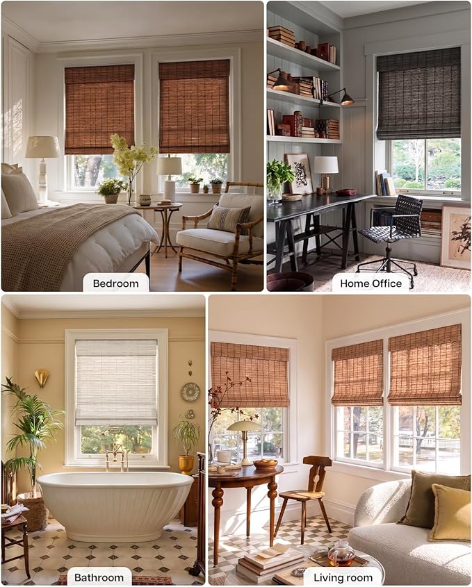LazBlinds No Drill Cordless Roman Shades for Windows, Light Filtering Privacy Protection Thermal Insulation UV Blocking Natural Panama Weave Fabric Blinds for Windows, 26" W x 64" H, White