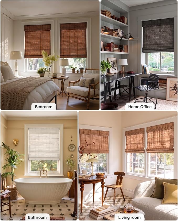 LazBlinds No Drill Cordless Roman Shades for Windows, Light Filtering Privacy Protection Thermal Insulation UV Blocking Natural Panama Weave Fabric Blinds for Windows, 26" W x 48" H, Natural