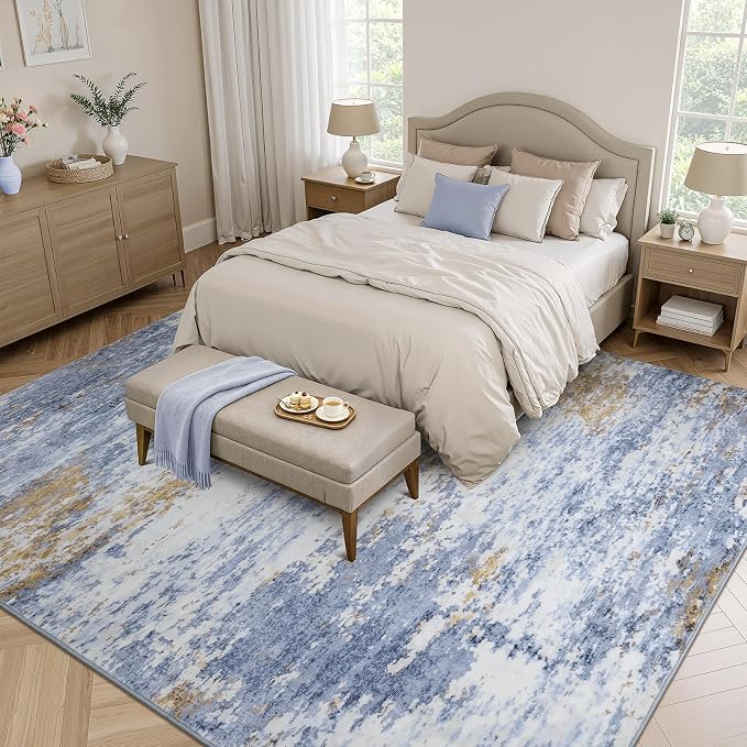 Lofus 9x12 Area Rug for Living Room, Abstract Large Rugs with Non-Slip Backing, Neutral Modern Washable Carpet for Bedroom Dining Room Home Office Nursery Indoor,Light Blue/Brown