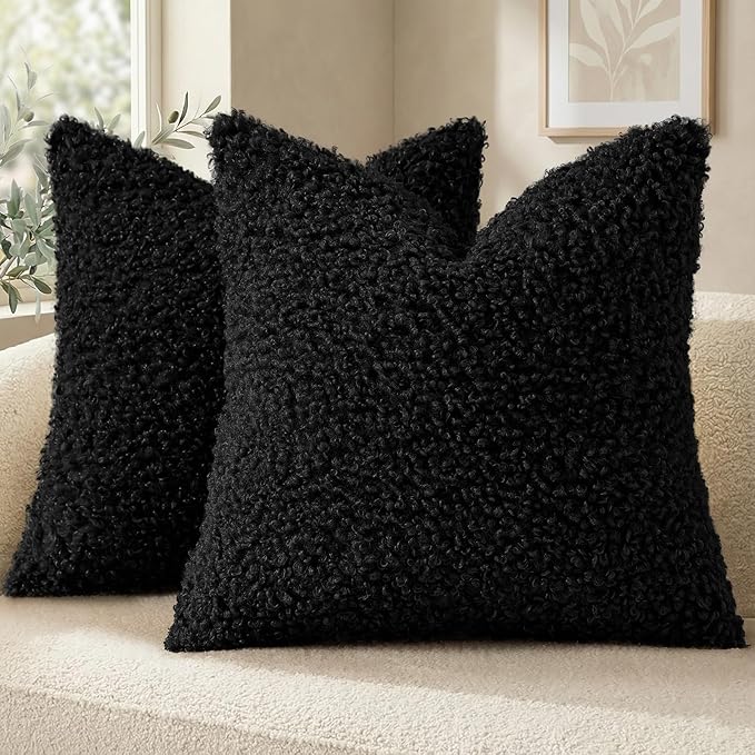 decorUhome Pack of 2 Throw Pillow Covers 20x20 Inch, Faux Fur Decorative Sherpa Pillow Covers Fuzzy Accent Soft Sheepskin Fleece Pillow Cases for Couch Living Room Bed, Black