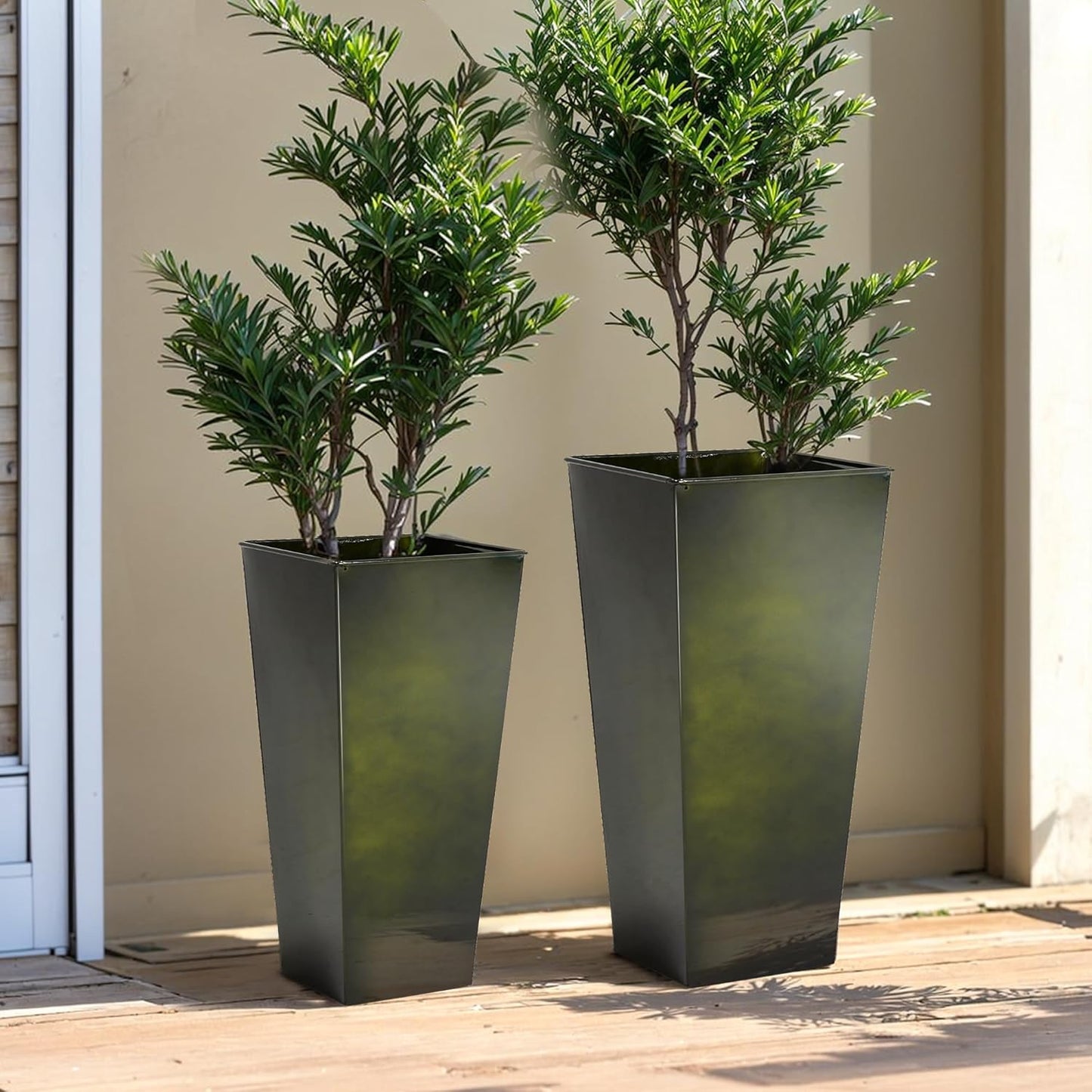 KOL 25'' & 28'' Tall Bright Glazed Planter with Insert, Set of 2, Galvanized Steel Planter Metal Pots with Drainage Hole for Indoor & Outdoor Use, Decorative Plant Pots for Front Porch, Patio - Green