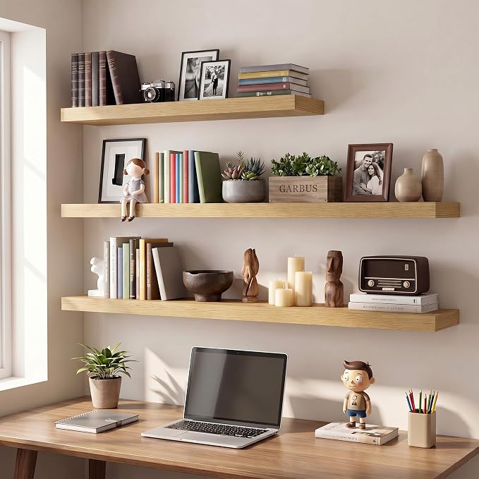 Vivelove Wall Floating Shelves for Display with Invisible Brackets, Long Large Floating Shelves Under TV Over Fireplace Bedroom Living Room Office, 55”X 8”X 1.4", Set of 2 - Oak