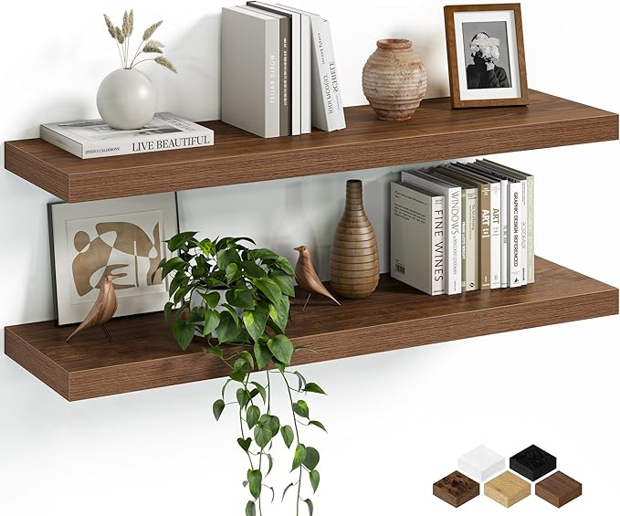 Fun Memories Floating Shelves for Wall, 32 Inch Set of 2 Rustic Wood Wall Shelves with Invisible Brackets, Heavy Duty Storage Display for Living Room Bedroom Kitchen, Walnut