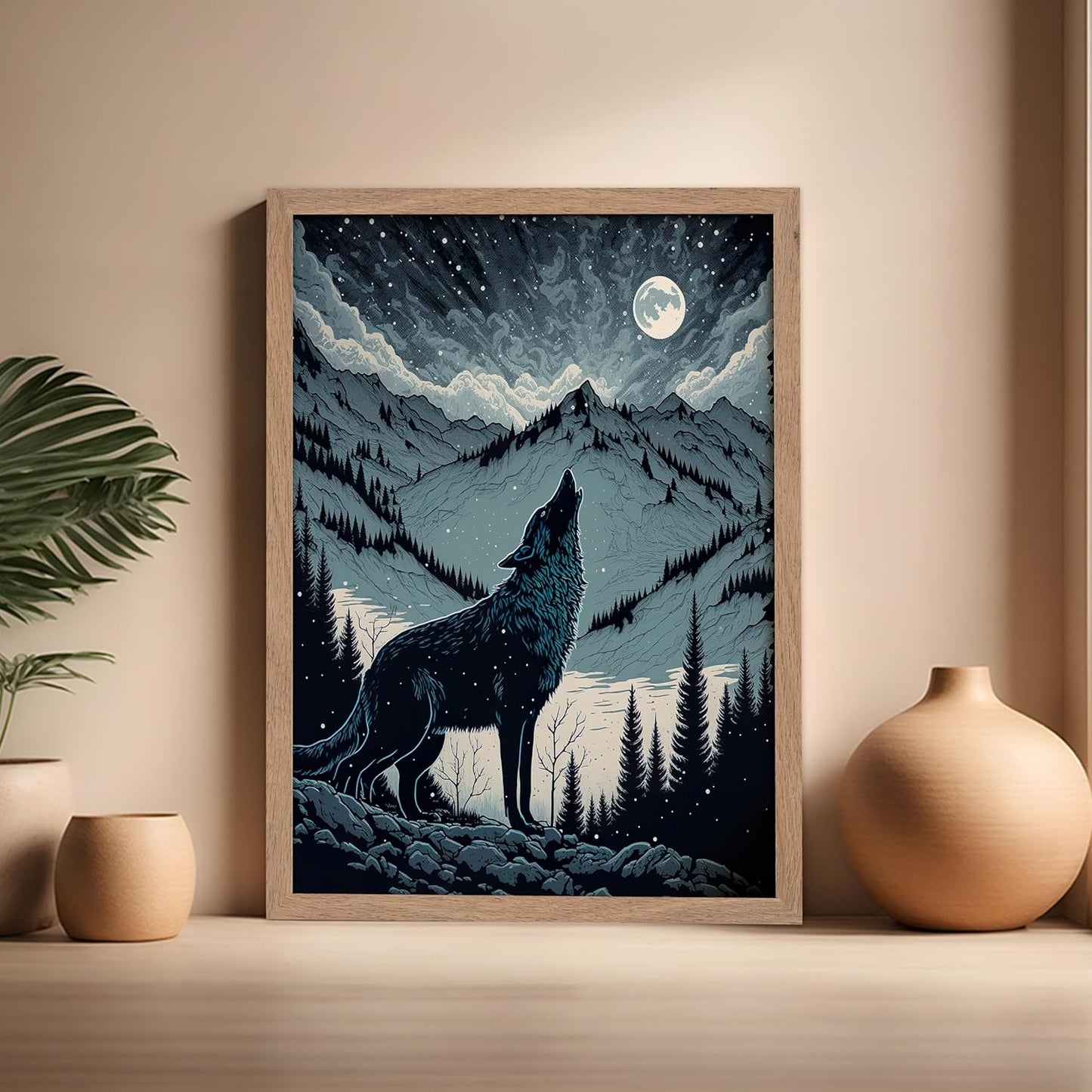Poster Master Vintage Illustration Poster - Retro Animal Print - Gift for Artist, Friend - Wolf Howling at the Moon, Mountain, Snow, Landscape - Wall Decor for Home, Office, 16x20 Beige Framed