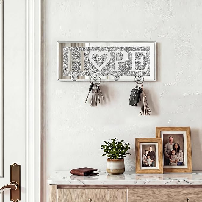 SHYFOY Crystal Clear Hooks Key Holder Key Hanger, Sparkly Mirrored Home Letters Plaque Sign for Decor, Silver Mirror Decoration Wall Art for Entryway Hallway Living Room, Hope Letter