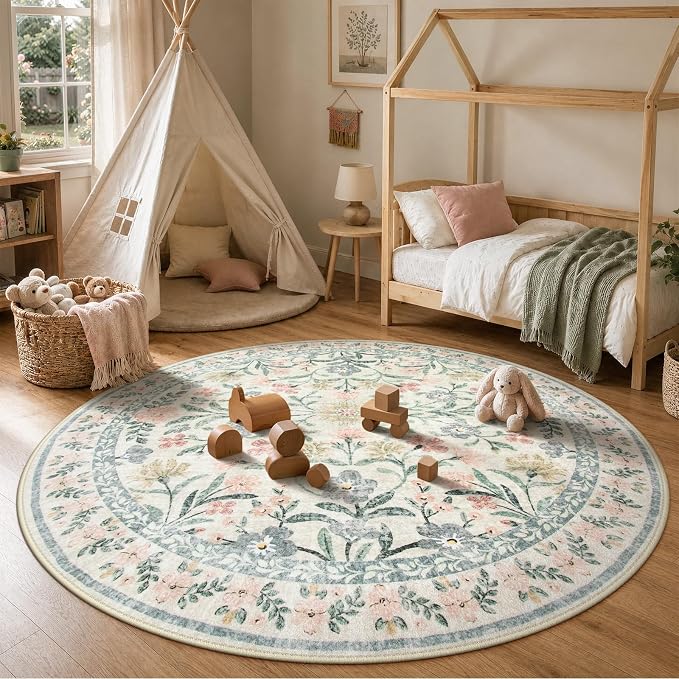 Wonnitar Round Washable Rug, Soft Floral Round Rugs 5ft Circle Carpets for Bedroom Ultra-Thin, Boho Beige Print Distressed Circular Carpet for Living Room Dorm Bedside