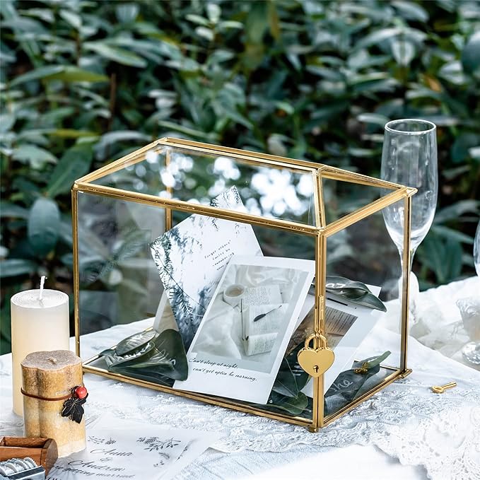 NCYP Small 10.2" x 5.9" x 7.9" Glass Cards Box with Slot and Lock for Wedding Reception - Home Birthdays Party Geometric Decorative, Gold - Slot Length 6.3 Inches (Glass Box Only)