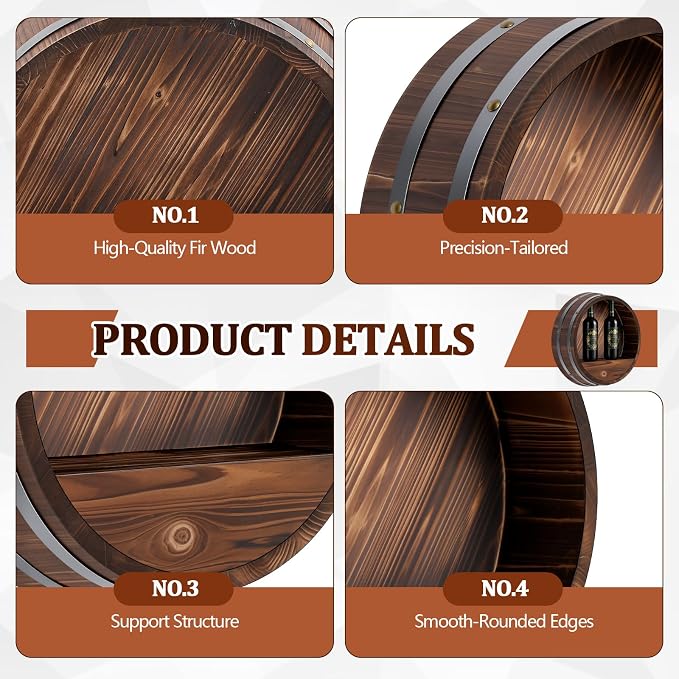 Colingmill 19.7 x 5.9 in Whiskey Barrel Shelf Rustic Wall Mounted Bourbon Wooden Floating Hand Wine Rack Oak Barrel Wine Bottle Holder Display Stand Vintage Bar Decor(Dark Brown)