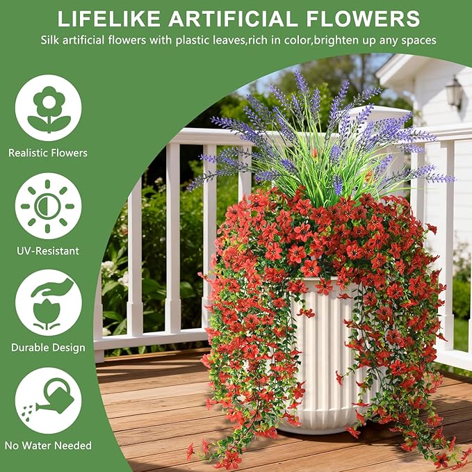 Artificial Fake Flowers Plants for Outdoor Decoration,3 Pcs Faux Hanging Flowers with Lavender Spring Summer Decor,UV Resistant Realistic Fake Silk Flowers for Planter Balcony Yard Porch Garden Decor