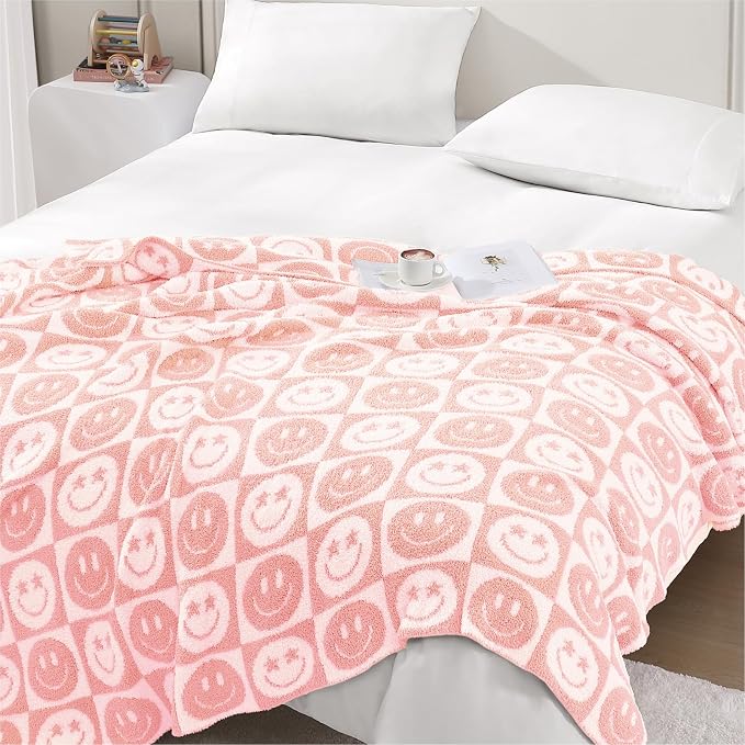 WRENSONGE Soft Checkered Throw Blanket for Couch-Cozy Warm Knitted Blankets | Lightweight Warm Fluffy Decor for Women, Mom, Her & Girls, Sofa, Chair, Bed, 50x60in,Blossom Smiling Face