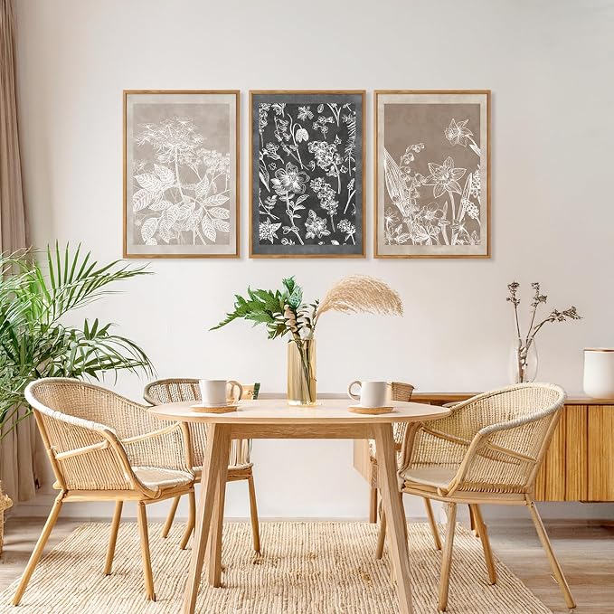 HOURIA 3Pcs Large Plant Leaf Flower Silhouette Framed Canvas Wall Art(16"x24"),Minimalist Botanical Wall Paintings Neutral Floral Wall Decor Modern Black Brown Art Print For Living Room Bedroom Office