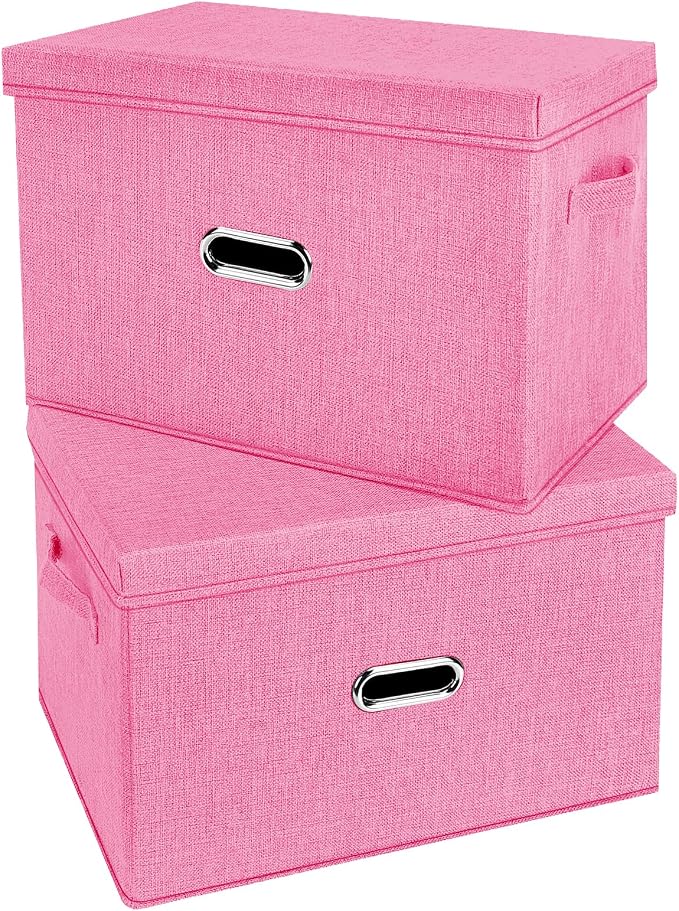 Large Linen Fabric Foldable Storage Bins with Removable Lid and Handles, Washable Storage Box Organizer Containers Baskets Cube with Cover for Bedroom,Office(Pink, Extra Large(2-Pack))
