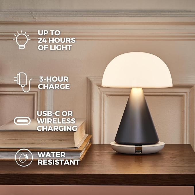 Lexon Mina L Mushroom Lamp - 9 LED Color Table Lamp for Bedrooms, Living Room & Office - Cordless, Rechargeable with 24h Light & Dimmer, Aluminum, Large - Orange