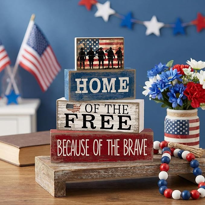 4 Pcs Patriotic Memorial Day Decorations 4th of July Tabletop Decorations Red White Blue Table Centerpieces Fourth of July Wooden Sign for Office Tiered Tray Home Shelf 250th Anniversary