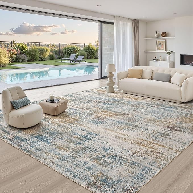 UERMEI 12x15 Area Rug for Living Room: Extra Large Neutral Abstract Carpet Modern Soft Low Pile Stain Resistant Washable for Open Floor Plan Bedroom Dining Office Kids Pets Friendly Blue Brown