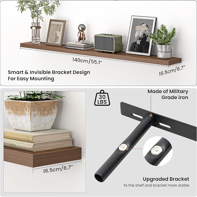 Heimlove 55 Inch Floating Shelves for Wall,Extra Long Mounted Storage wall Shelves with Invisible Metal Bracket for Bedroom Living Room Kitchen Office Set of 2,Walnut Color