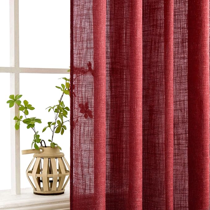 MIULEE Burgundy Red Linen Curtains 90 Inch Long for Bedroom Living Room, Soft Thick Linen Textured Window Drapes Semi Sheer Light Filtering Rod Pocket Back Tab Christmas Burlap Look, 2 Panels