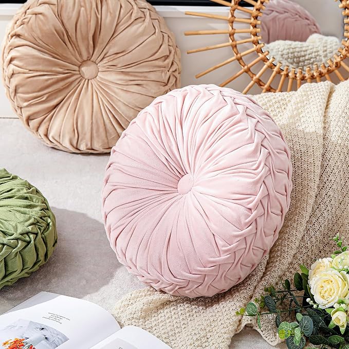 Drydiet 1 Pcs Round Throw Velvet Pillows Decorative Pleated Throw Pillows Diameter Accent Pumpkin Boho Chair Cushion for Couch Sofa Home Decoration (Pink,15'')