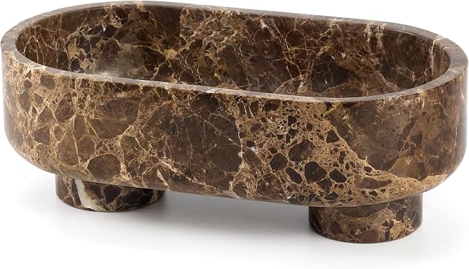 Natural Oval Marble Fruit Bowl, Two-Legged Decorative Bowl Dark Brown | 10" Large Handcrafted Marble Catchall Bowl for Home Decor. Fruit Basket Bowl, Entryway Bowl, Pedestal Bowl for Dining Table