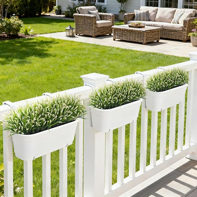 Ammyoo 24 Pcs Artificial Faux Plants for Outdoor Spring Decoration, Fake Monkey Grass for Garden Porch Balcony Planters, Fake Greenery Shrubs UV Resistant No Fade Plants Bush for Pathway(White)