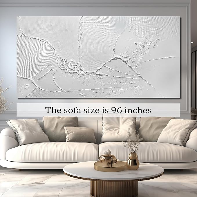 THRLVEART Large Paintings for Living Room White Abstract Art Wall Decor for Dining Room Huge Home Ofiice Decor 47 x 95 Inch